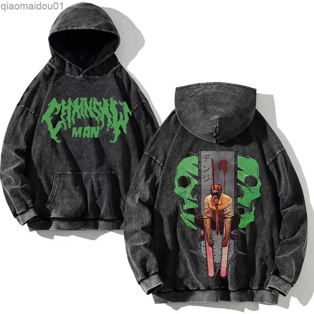 Sweats à capuche pour hommes Sweatshirts Anime Chainsaw Man Sweats à capuche pour hommes Hip Hop Streetwear Wash Pull à capuche 100% coton Sweat-shirt à manches longues Casual TopsL231017