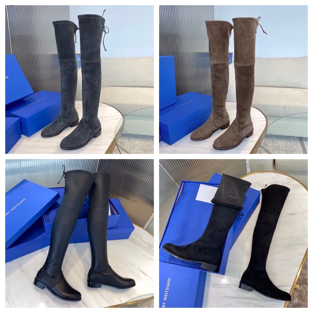 SW 5050 Designer Botas femininas saltos baixos coxa botas de alta qualidade estiram sapatos de camurça falsa mulher avenida stuart avenue city bota de joelho weitzman