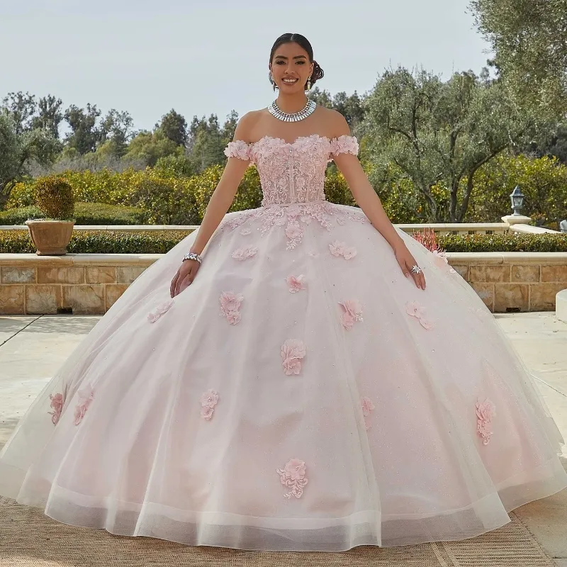 軽い赤い恋人QuinceaneraドレスTulle 3D Floral Off Shoulder Dance Party Sweet 16 Dress Vestido de 15 Anos