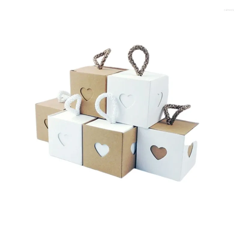 Gift Wrap 25/50Pcs Kraft Paper Box Square Heart Wedding Favor Candy With Rope Hand Packaging Bags Birthday Party Supplies