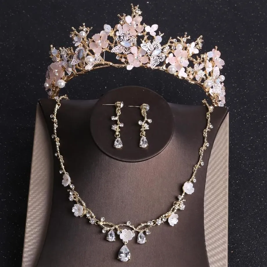 Örhängen halsband barock guldrosa fjäril kristall kostym smycken set strass tiara brud kvinnor bröllop set2595