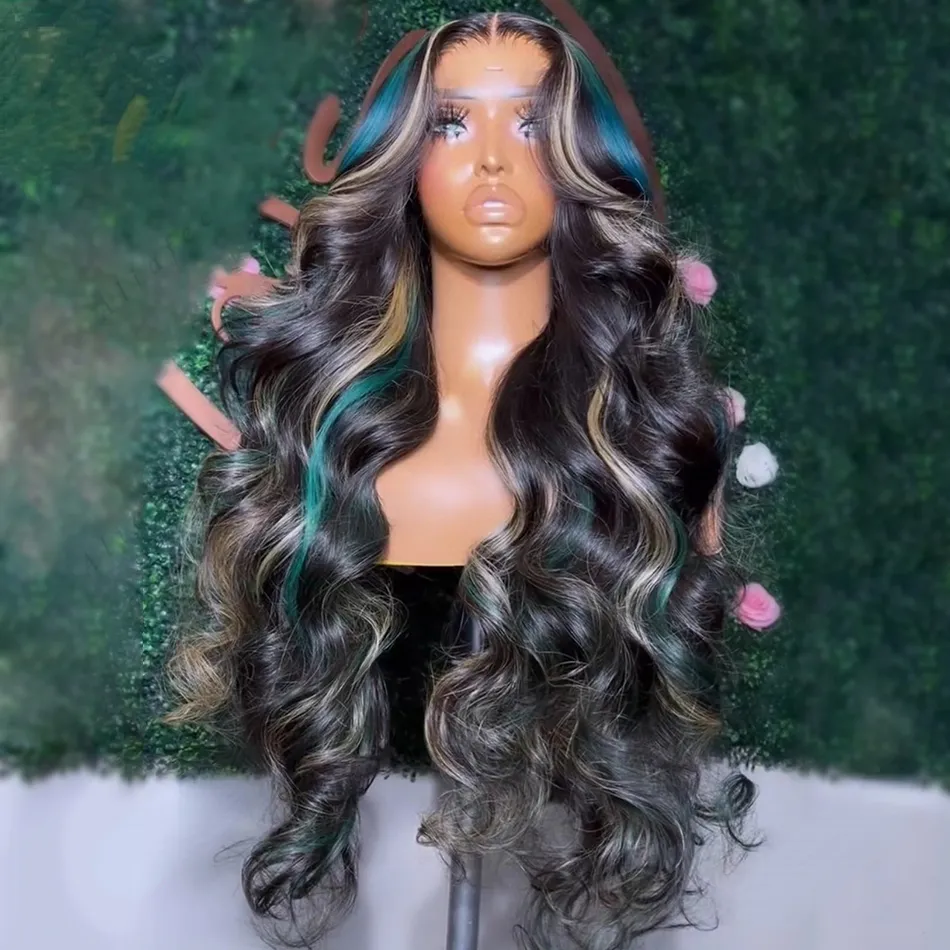 Braziliaans haar Body Wave Hoogtepunt zwart met blauw kant Frontale pruik HD Transparante lijmloze volledige kanten pruiken voor vrouwen