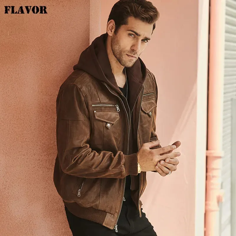 Men's Pigskin Leather Jacket with Removable Hood Brown Zipper