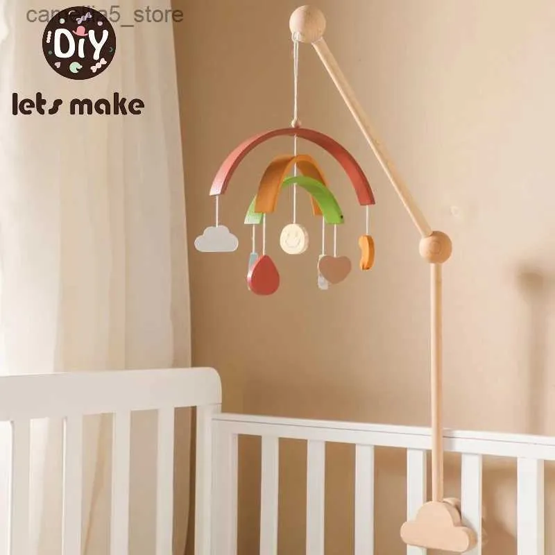 Mobiles # Bébé lit en bois cloche dessin animé arc-en-ciel Mobile suspendus hochets jouet cintre berceau Mobile lit cloche bois support de jouet bras support enfant cadeau Q231017