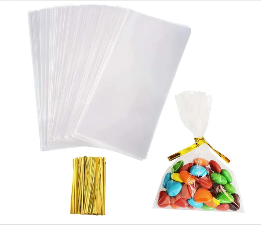 Clear Cello Cellophane Treat Bags with Metallic Twist Ties Plastic Gift Bags for Bakery Candy, Party Favor, Cookies, Candies Packaging