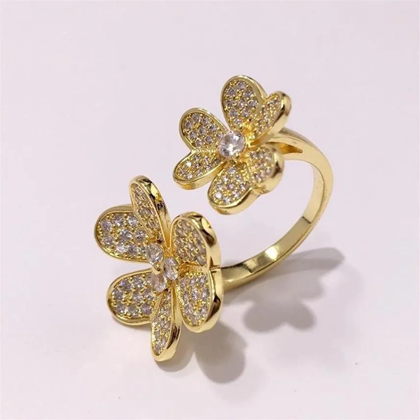 Anéis de cluster qualidade moda jóias pave zircon rosa cor de ouro flor dupla aberta para mulheres pode ajustar tamanho dj1452202i