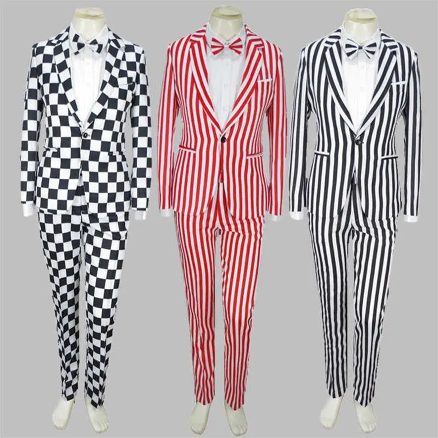 Men Sets Bebes Black White Plaid Coat Pants Bow Tie 3pcs Male Singer Suit Clown Costume Magic Stage Show Theme Striped 4XL Suit X0274i