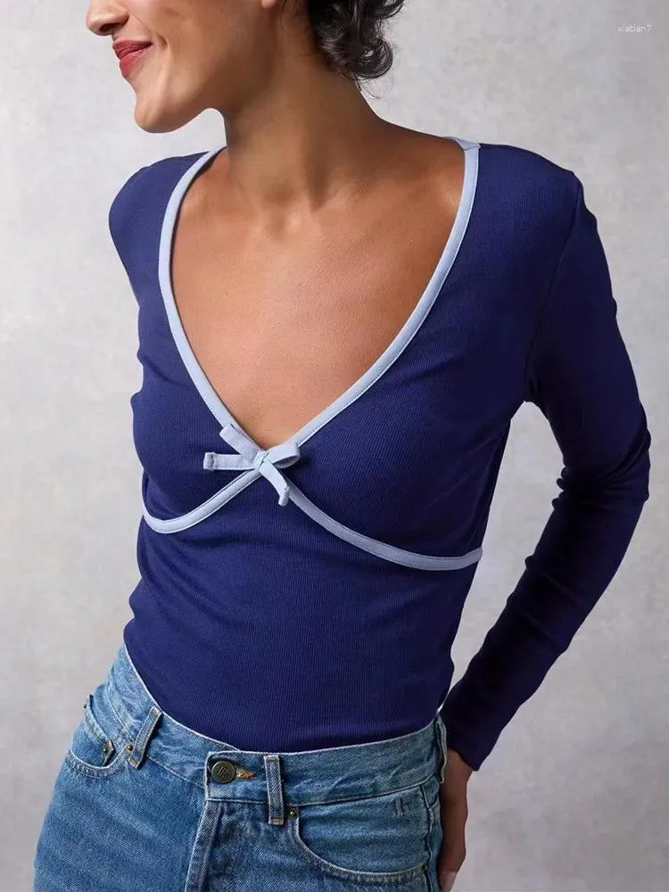 Frauenpullover Frauen Langarm Baumwolle Slim Pullover Bowknot Tiefer V Gespleißt Weibliche Blaue Bodenbildung Strickwaren Tops Herbst 2023