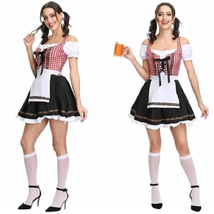 2019 Women Dirndl Dress Maid Outfit Waiter Red Plaid Clothes with Apron German Oktoberfest Bavarian Beer Carnival Fancy Costume297m