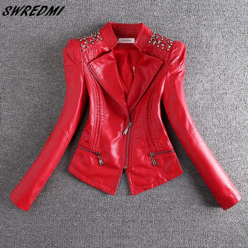 Dames leer kunstleer SWREDMI mode rood motorfiets leren jas dames klinknagel ritsen biker leren jas S-4XL suède bovenkleding 231016