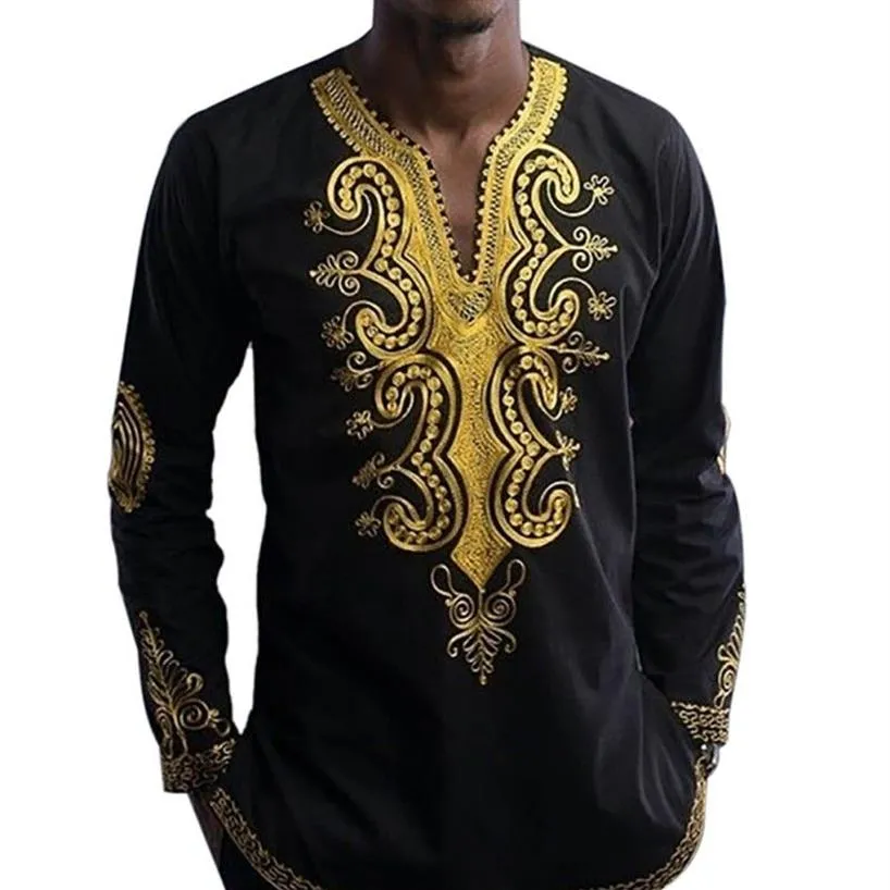 Mężczyźni czarne koszule w stylu afrykańskim Mężczyźni tradycyjny etniczny w stylu afrykański drukowane koszule męskie koszule z długim rękawem1805