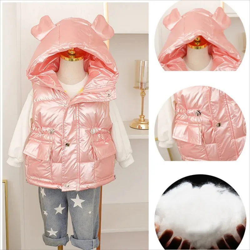 Colete 2-8 anos da criança meninas roupas de inverno outono estilo coreano não-limpo com capuz longo parka cintura casaco para crianças puffer colete 231016