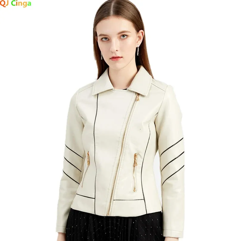 Women's Leather Faux Leather White Lapel PU Jacket Women's Motorcycle Leather Jackets Fashion Casual Women Coat Red Black Green Outerwear Female Overcoat 231016