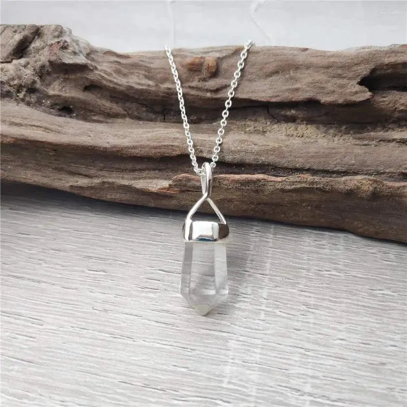 Colares Pingente Fuwo 1 Pcs Natural Clear Quartz Point Colar Banhado A Prata Jóias Clássicos Pedra Semi-Preciosa Presente Feito à Mão Para As Mulheres