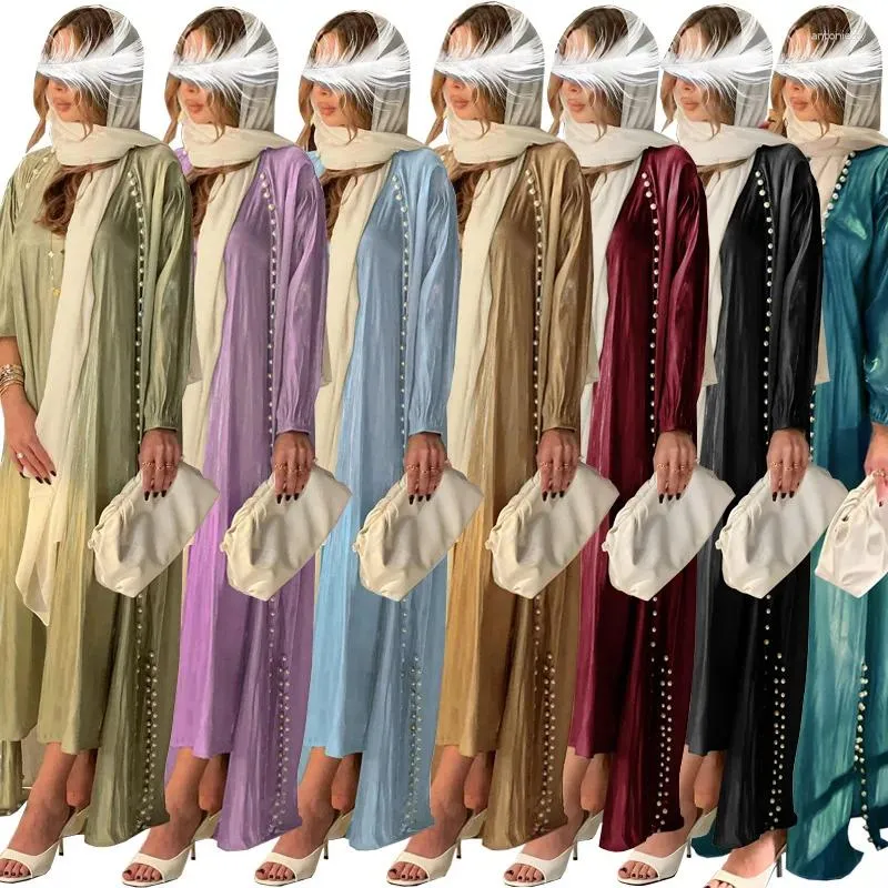 Roupas étnicas Moda Muçulmana Brilhante Seda Cetim Rosto Vestido Bolha Beads Cor Sólida Conjunto 2 Peça Abaya Roupas para Mulheres