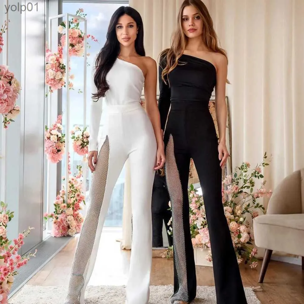 Kvinnors jumpsuits Rompers Party Club Women's Clothing 2023 Slim-Fit Sexig slits Hög midja Casual Pants One-Shulder Långärmad i ett stycke Jumpsuitl231017