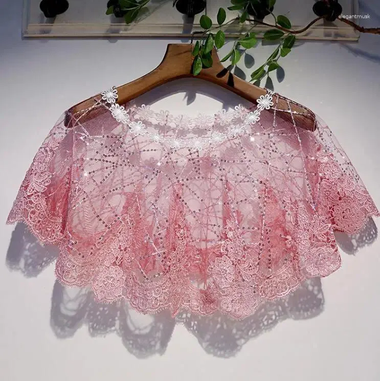 Halsdukar kvinnors vår sommarsekvenser pärlor rosa mesh mantel spets pashmina kvinnlig vintage solskyddsmedel sjal r1778