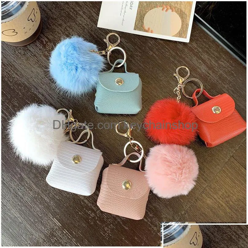 Nyckelringar Key Rings Pompom Leather Bag Keychains Coin Purses Chains Holder Fashion Pu Pouches Pendant Keyrings Trinkets Söta kvinnor Po Dhnvx