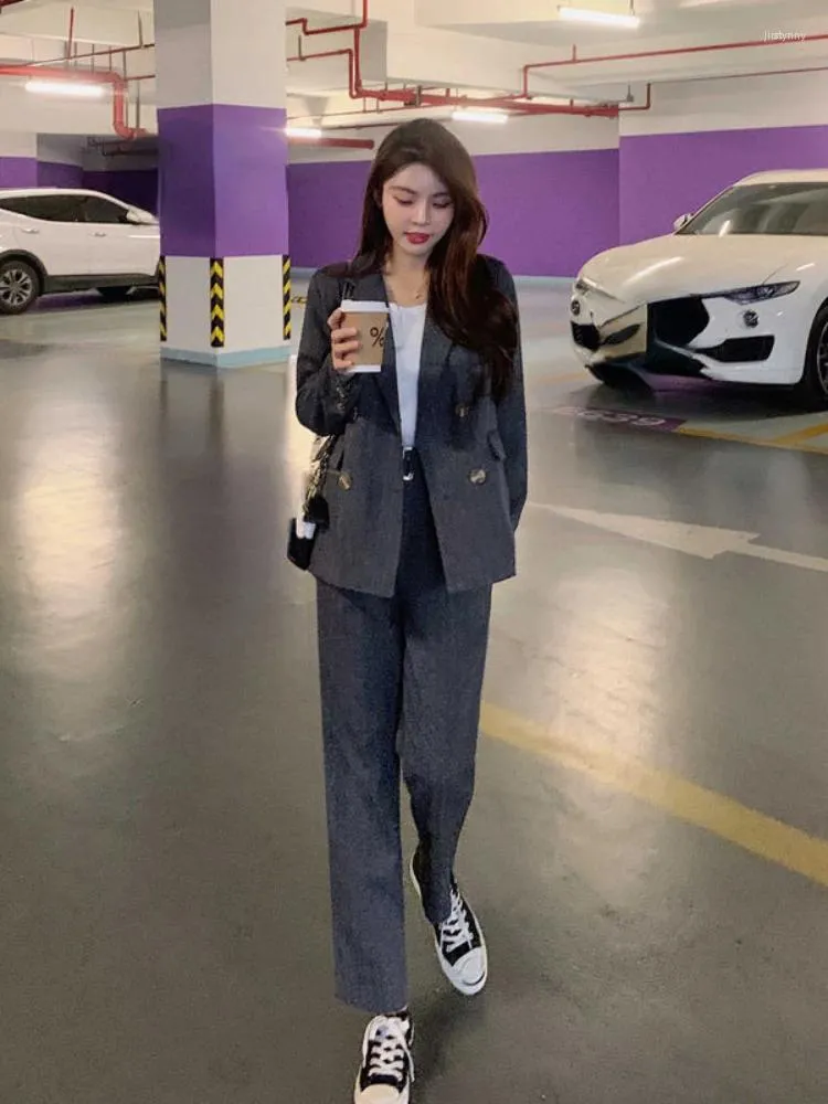 Kvinnors tvåbitar byxor insozkdg 2023 Women Office Black Grey Suit Two-Piece Pantsuit Elegant Blazer Female Set Casual Loose Jacket Work