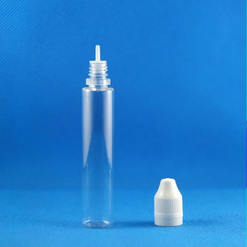 100セット/ロット30mlユニコーン透明プラスチックドロッパーボトルチャイルド耐性改ざん長い薄い薄い先端E液体蒸気ジュースe-liquide 30 mlパロ