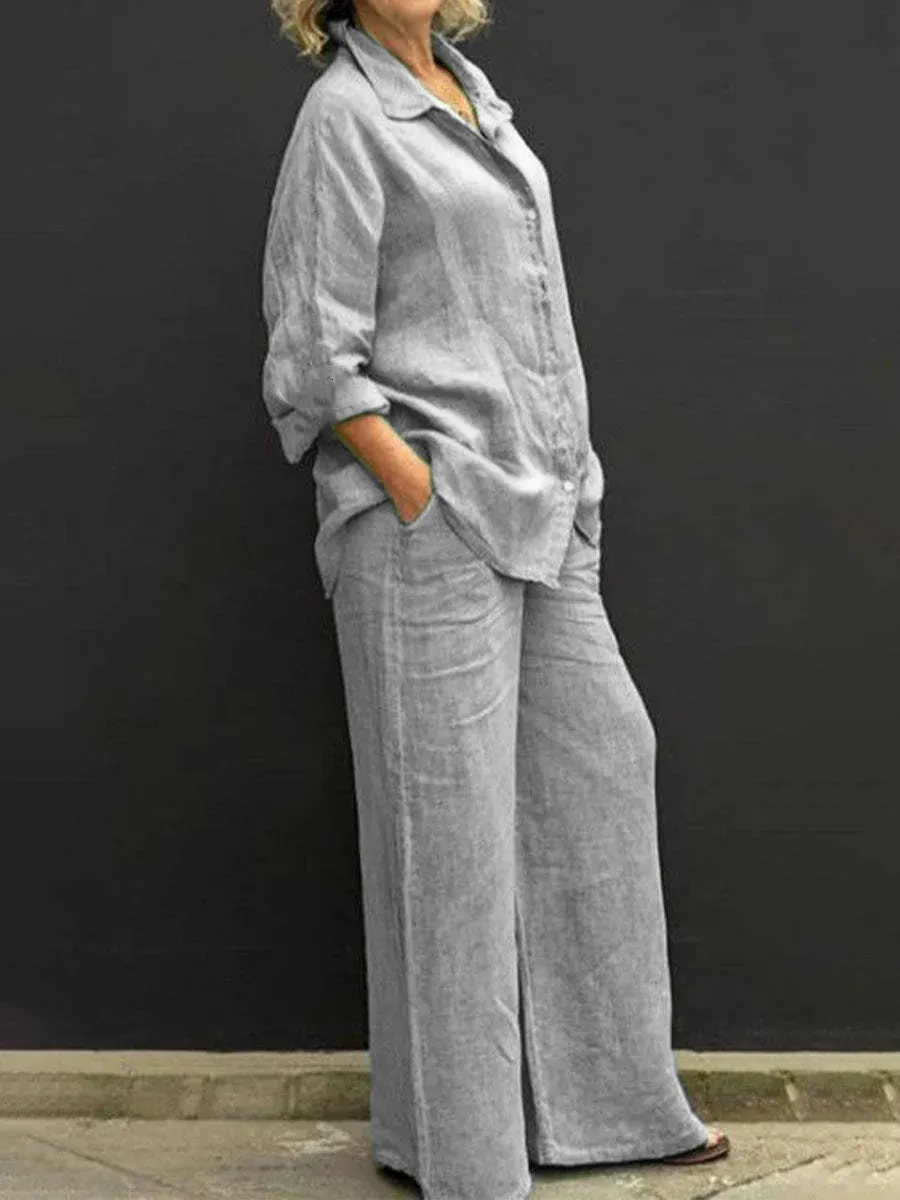 Damen Baumwolle Leinen Anzug Set Elegant Uni Langarm Hemd mit weitem Bein Hose Zweiteiliges Set Lässig Gerade Hose Anzug 231016