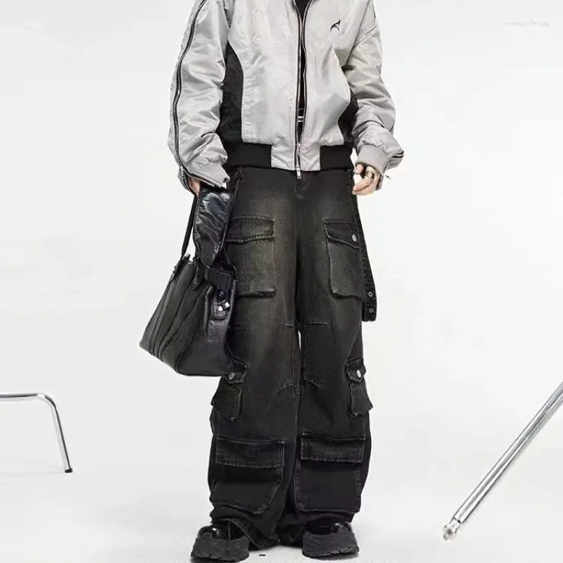 メンズジーンズアメリカンプラスサイズのツーリング男性Y2Kナショナルタイドマルチポケット3次元ストレートルーズワイドレッグパンツストリート