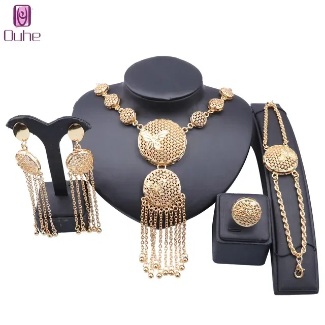 Set di gioielli color oro Dubai con nappe, collana, bracciale, orecchini, anello per le donne, sposa, banchetto di nozze, regalo per feste