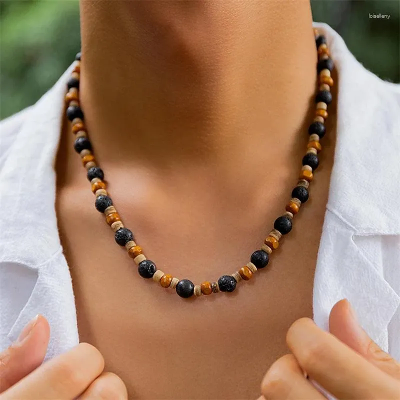 Choker Vintage Rustic Men Beaded Necklace Natural Lava Stone Chocker Wooden Beads For Men/Women Tribal Jewelry Gift Him