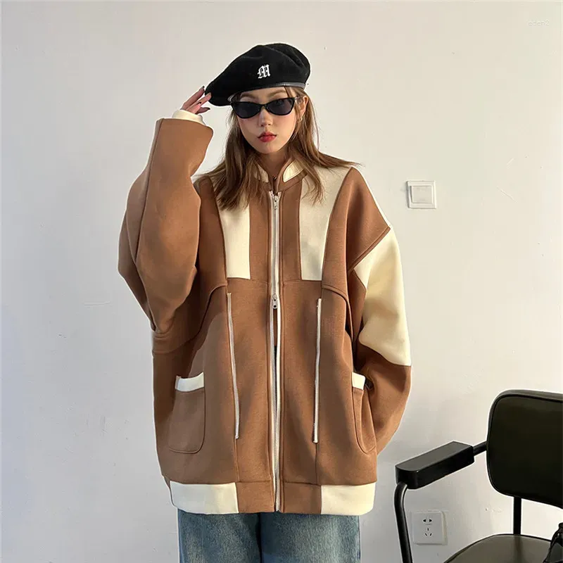 Giacche da donna Primavera Donna Cerniera allentata Giunzioni di colori abbinati Giacca da baseball Streetwear Casual Colletto alla coreana Bomber a maniche lunghe