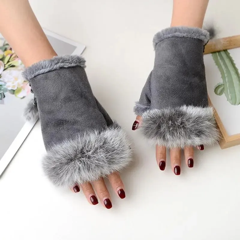 Vijf Vingers Handschoenen 1 Paar Vrouwen Winter Warme Handschoenen Sexy Faux Konijnenbont Hand Pols Warmer Vingerloze Handschoenen Suede Vrouwen wanten Warme Pols Handschoenen 231017