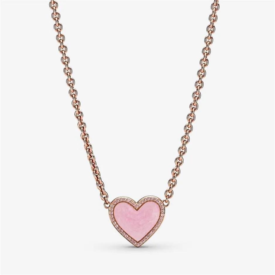 100% 925 Sterling Silver Pink Swirl Heart Collier Necklace Fashion Women Wedding Engagement Jewelry Accessories2339