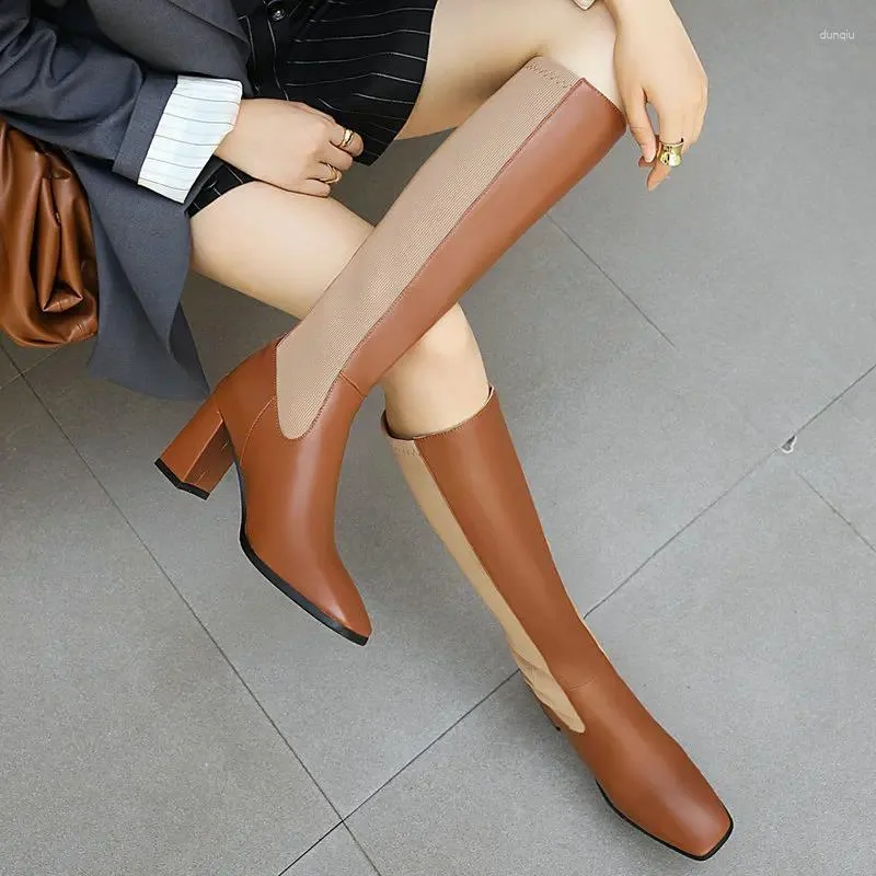 Autumn Winter Warm Microfiber Boots Knee High Women Fashion Square Toe Thick Heel Long Ladies Zip Knight