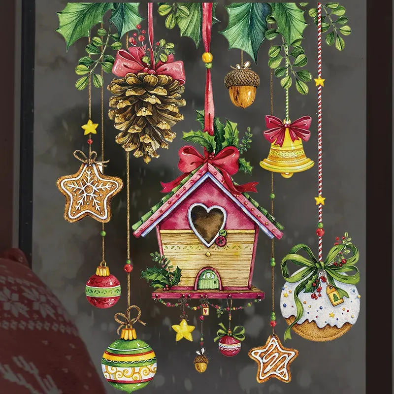 Autocollants muraux joyeux noël, tour de pin, cabine, maison, pour fenêtre, verre, décalcomanies décoratives pour la maison, PVC 231017