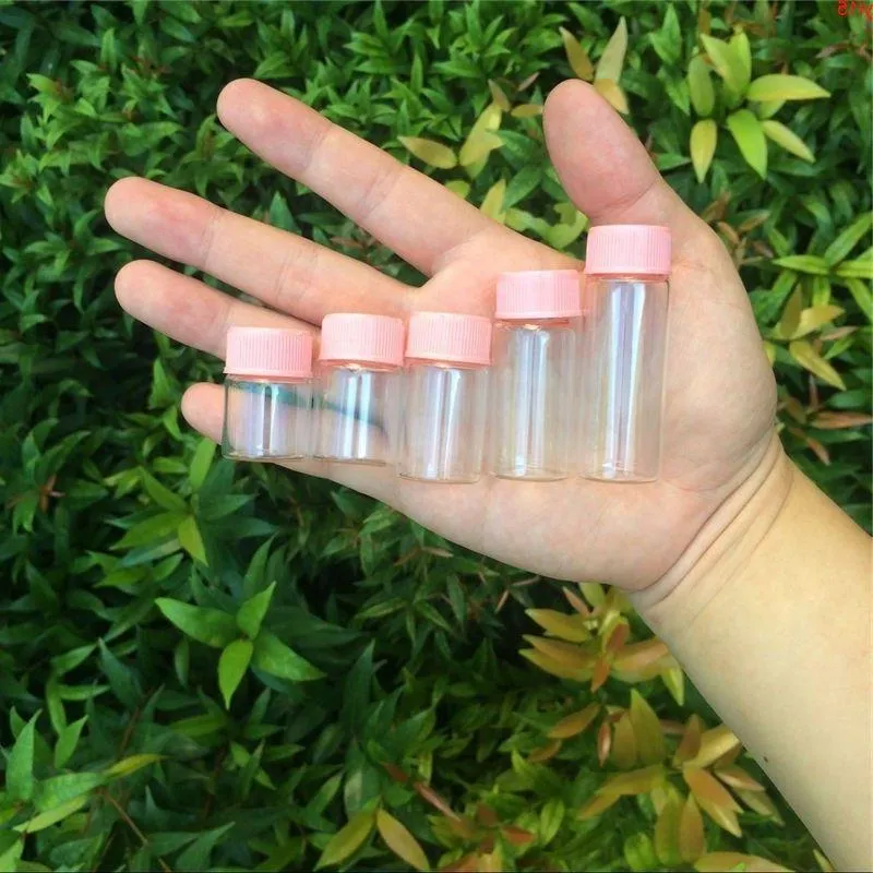 5ml 6ml 7ml 10ml 14ml Mini Cam Şişeler Plastik Vidalı Pembe Kapak Şeffaf Flakonları Jars 100 PCSGOOD AZ MRKMX