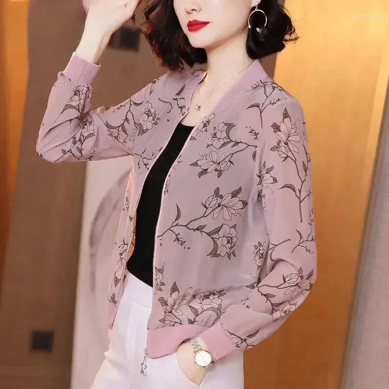 여자 재킷 한국 패션 쉬폰 재킷 분홍색 가벼운 폭격 폭격기 외부웨어 여성 느슨