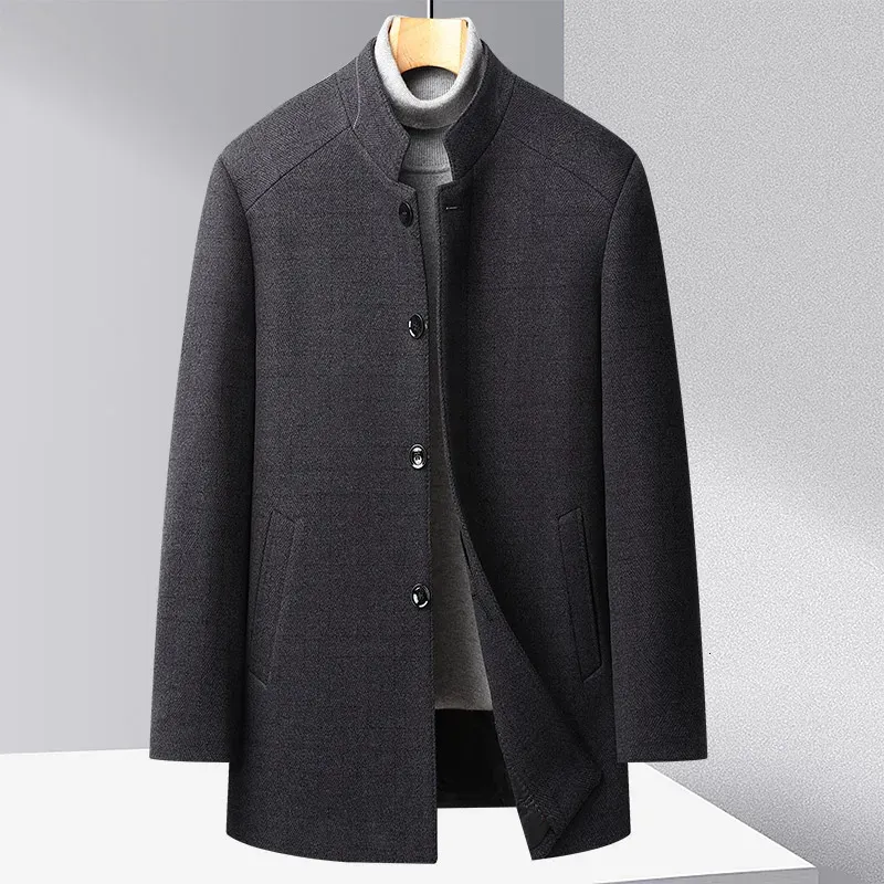 Misto lana da uomo Inverno Stile orientale Uomo Grigio Nero Caldo misto soprabito Colletto alla coreana Addensare design trapuntato Cashmere Cappotto basic Abiti 231017