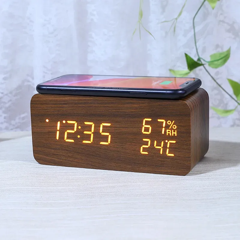 Desk Table Clocks Desk Digital Clock Wooden Alarm Clock Wireless Charging Clok for Table Bedroom Office LED Display Thermometer Humidity Clock 231017