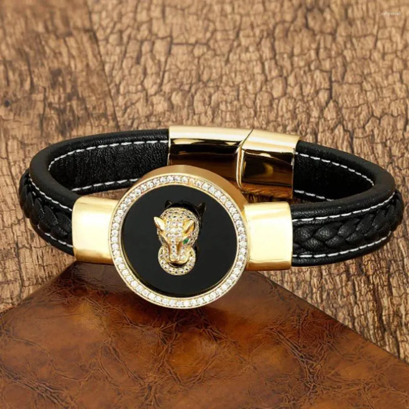 Strand Zlxgirl Mode Hommes Rétro Cuir Léopard Animal BraceletBangle Rond Pierre Classique En Acier Inoxydable Cadeau Pour Hommes Couple