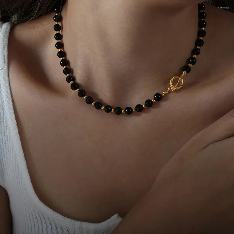 Choker Black Agate Necklace Women Round Bead Chain Gothic Style Accessories Ot Buckle Gold Plated Jewelry Couple Gift