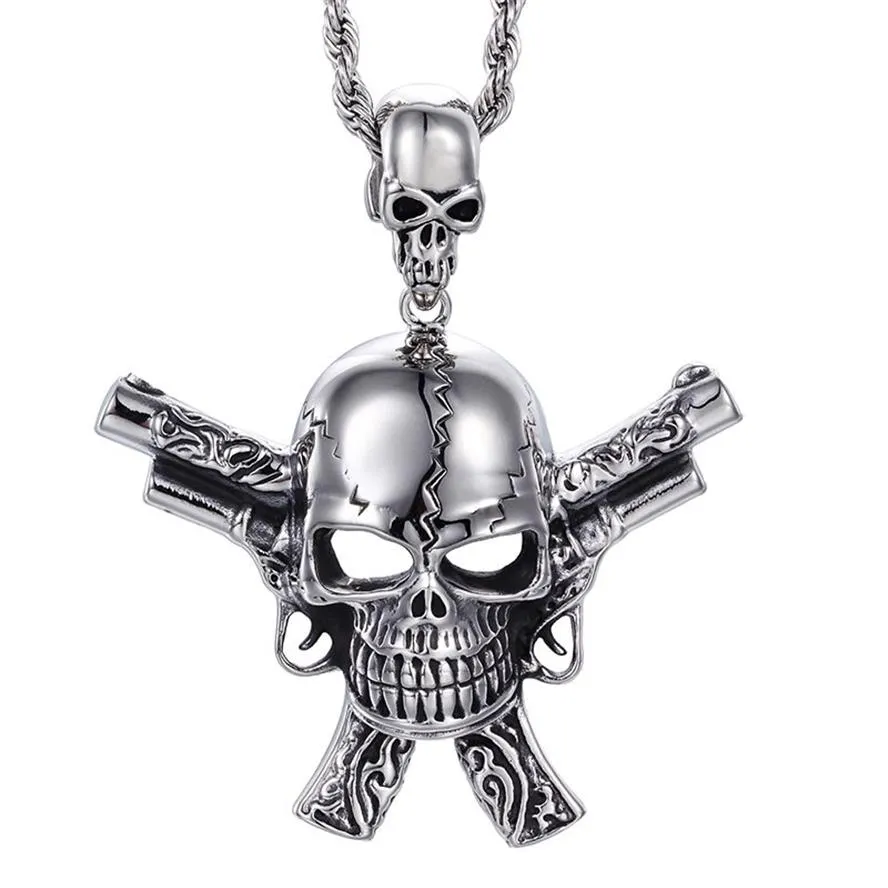 Große Guss Silber 316L Edelstahl Biker Skelett Schädel Doppel Pistole Anhänger Gothic Halskette Herren Cool Schmuck Geschenk272x