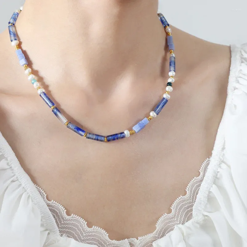 Choker Allme Boho Blue Color Natural Stone Freshwater Pearl Beadedネックレス