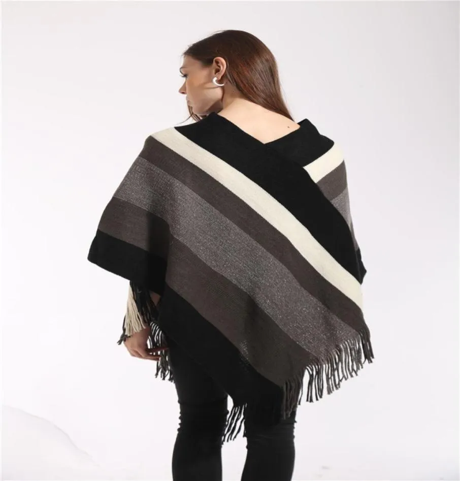 Knitting Women Cloak Fring Ladies Pullover Poncho Glitary Cape Tassel Szal Kobieta luźne sweter kolorowy pasek zimowe kobiety Blou8912890