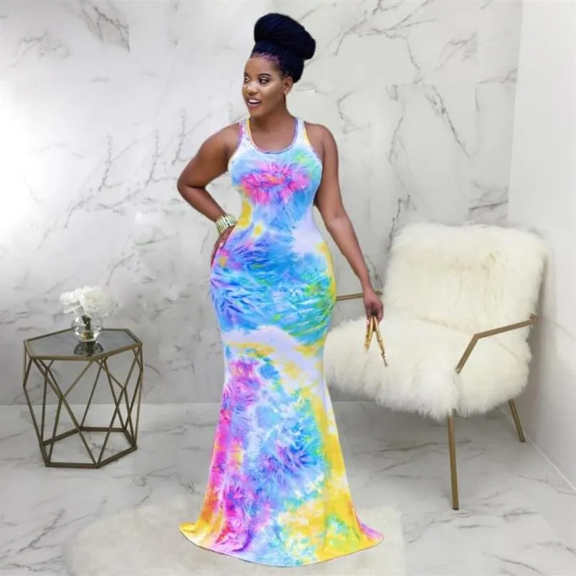 Casual Dresses Rainbow Tie Dye Print Summer Mermaid Long Dress Women Sleeveless Back Cut Out Party Elegant Female Bandage Bodycon188l