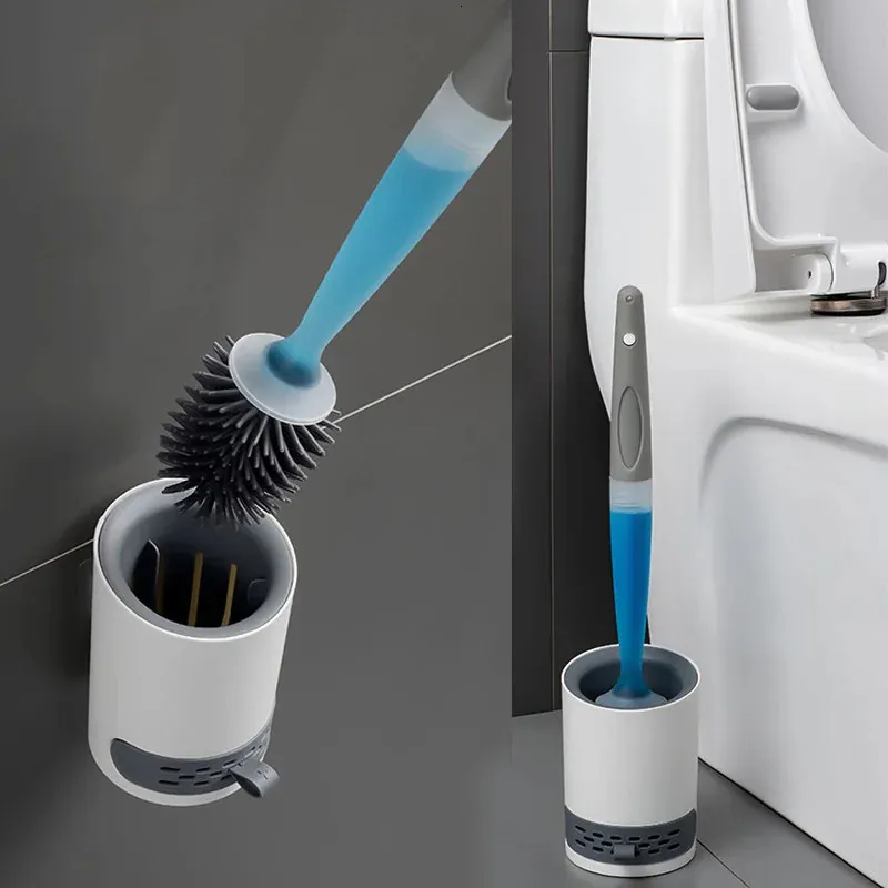 Porte-brosses de toilette Détergent rechargeable Ensemble de brosses de toilette mural avec support Brosse en silicone TPR pour outils de nettoyage d'angle Accessoires de salle de bain 231013