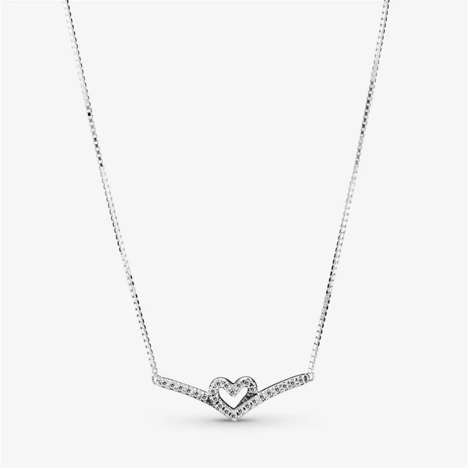 100% 925 Sterling Silver Sparkling Wishbone Heart Collier Halsband Fashion Women Wedding Engagement Smycken Tillbehör3282