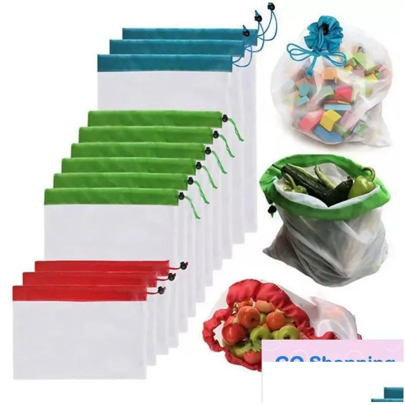 Storage Bags Reusable Dstring Mesh Grocery Bag Eco-Friendly Produce Fruit Vegetable Shop Home Travel Wholesale Drop Deliver Homefavor Dhbqw