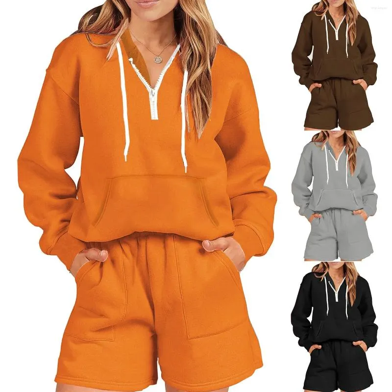 Survêtements pour femmes décontracté couleur unie ensemble de maison mode pull à capuche zippé sweat hauts short de sport deux pièces