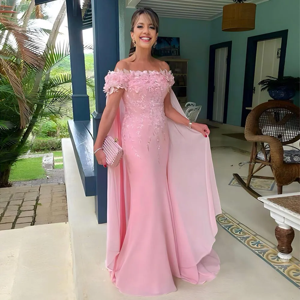 Vestidos elegantes de encaje para madre de la novia con capa, vestido de invitados a la boda, escote con hombros descubiertos, vestidos de noche de gasa con apliques 3D