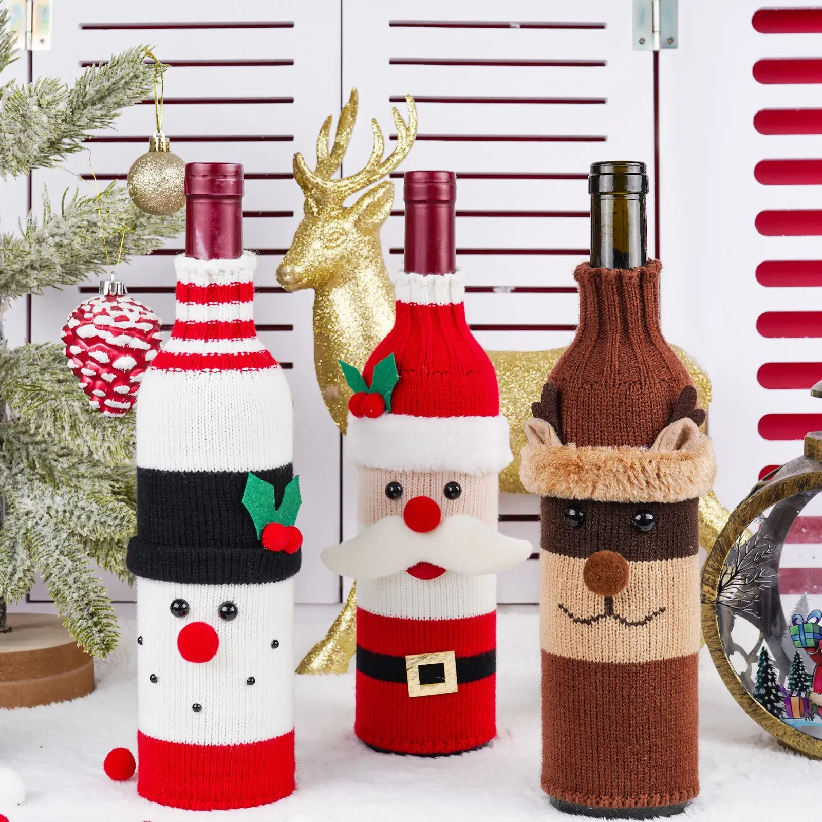 Stickad Santa Claus Snowman Deer Wine Set Cartoon Xmas Wine Bottle Cover Merry Christmas Dinner Table Decor Xmas Ornament 2024