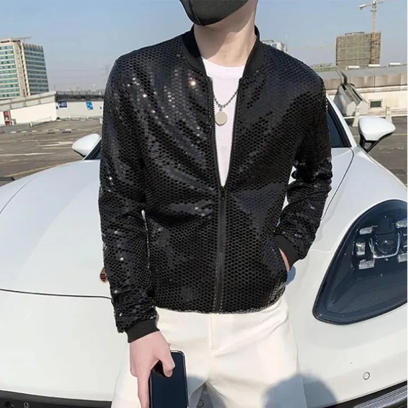 남자 재킷 남자 스프링 고급 스팽글 레저 자켓/남성 슬림 핏 얇은 코트/남자 여름의 옷과 크기 S-5XL 231013에 바스크를 방지합니다.